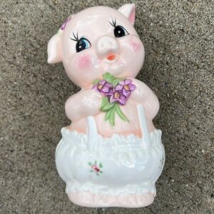 Vintage pink piggy bank pig purple flowers blue eyes pig